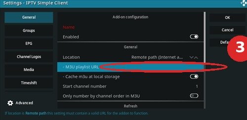 Kodi stap 3: vul de M3U-playlist URL in bij PVR IPTV Simple Client.