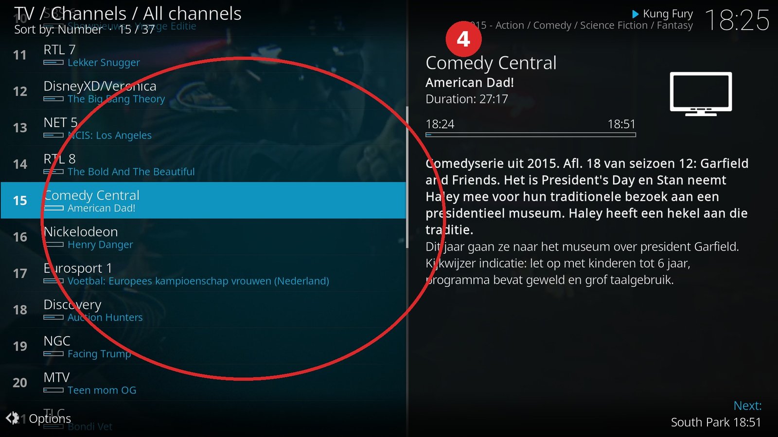 Kodi stap 4: de TV-gids met zenders na activatie.