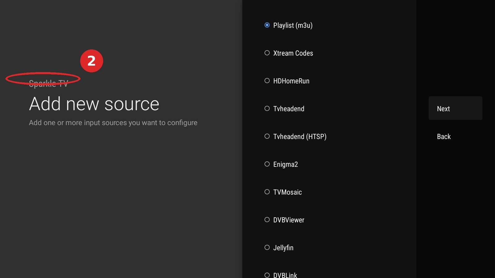 Sparkle TV stap 2: kies Add new source en vul je M3U-URL in.