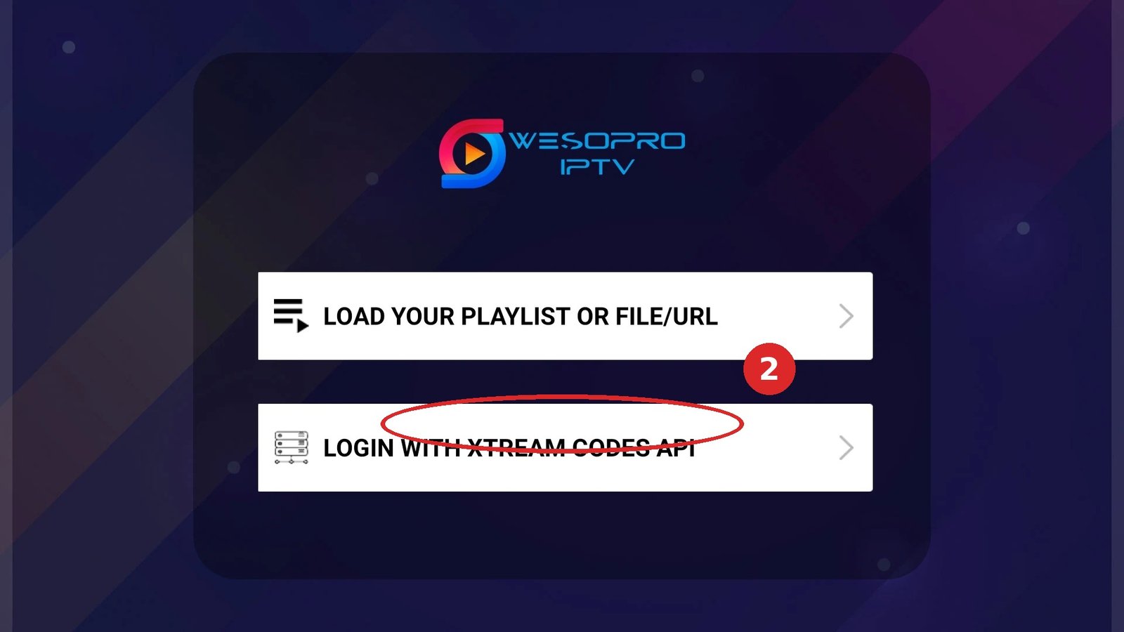 Wesopro stap 2: kies Login with Xtream Codes API en vul je gegevens in.